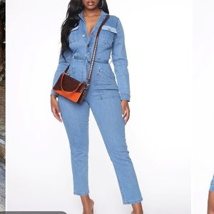 Fashion Nova denim utility lite wash jumpsuit